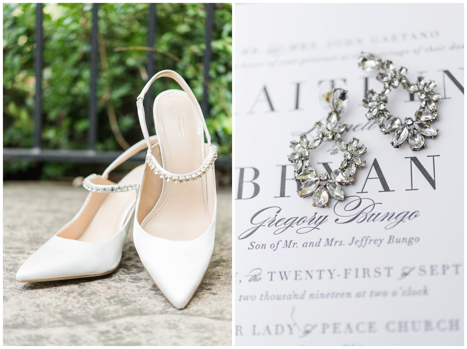 ivory shoes for the bride and dangling earrings on elegant wedding invitation by Pipers Photography