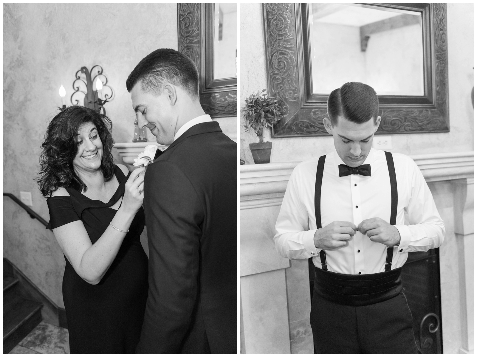 groom's mother helps groom with boutonnière for Gervasi Vineyard wedding and groom adjusts buttons on shirt