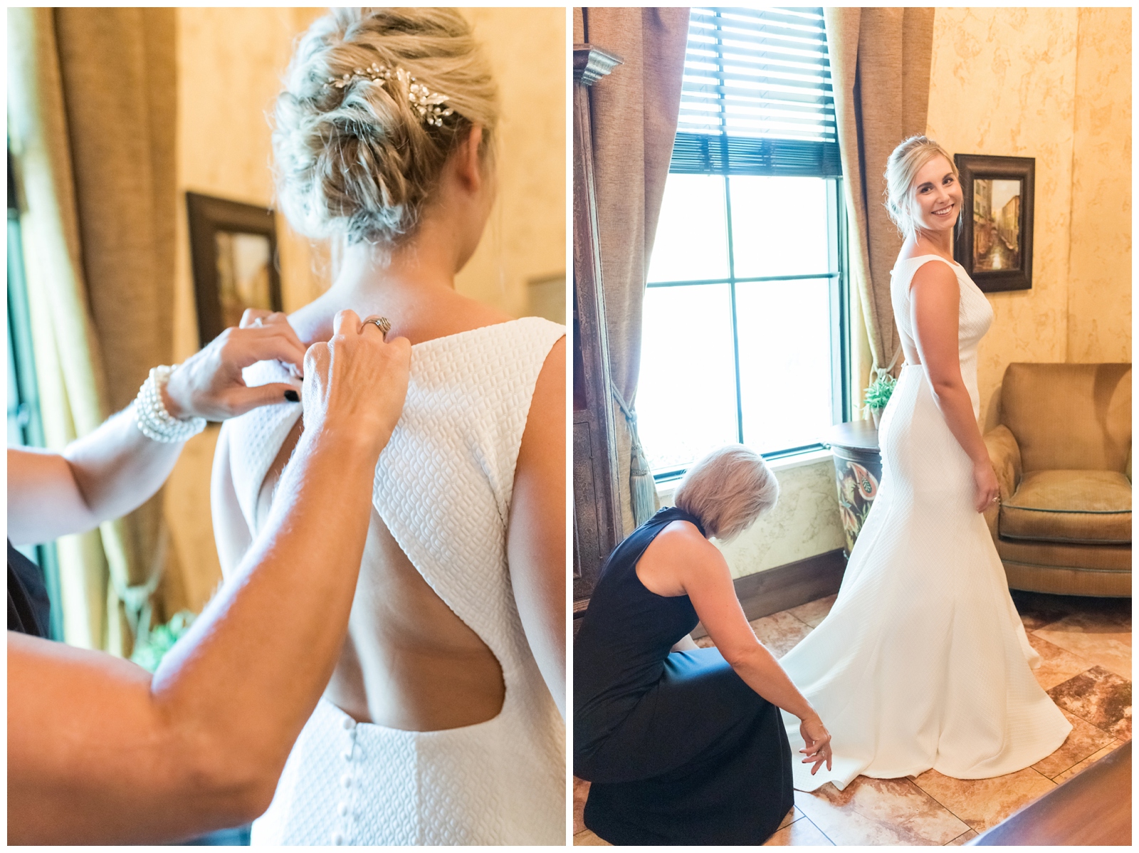 bride gets into wedding dress with mother's help before Ohio wedding day