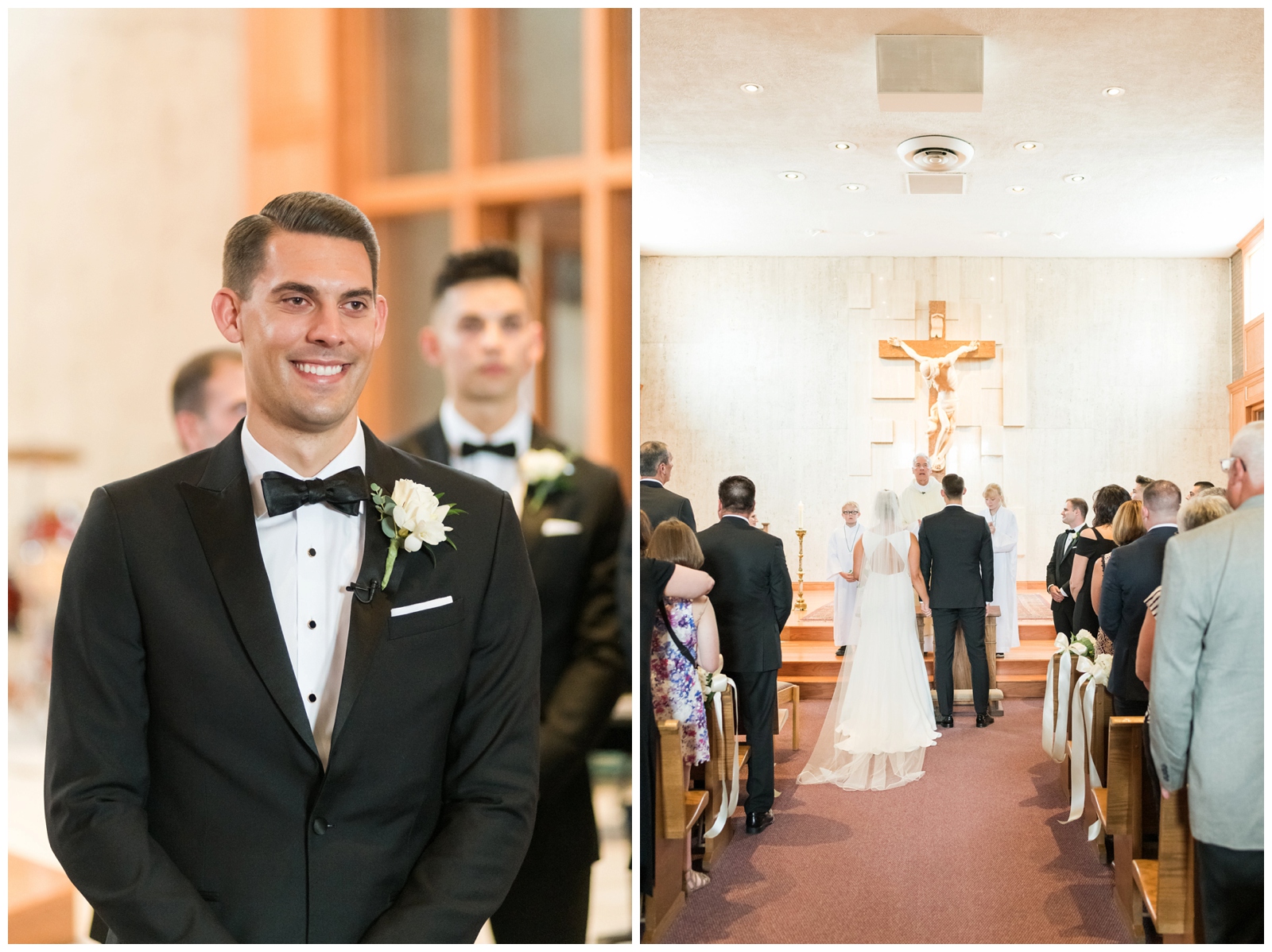 groom watches bride walk down aisle for church wedding ceremony photographed by Pipers Photography