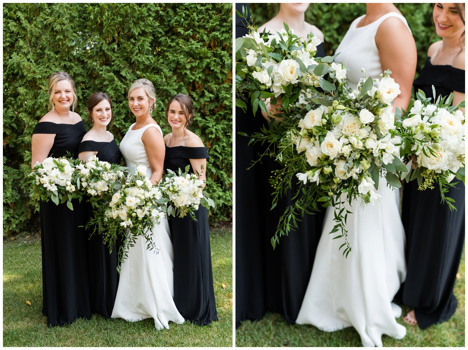 bride and bridesmaids in black gowns hold elegant white bouquets by The English Garden