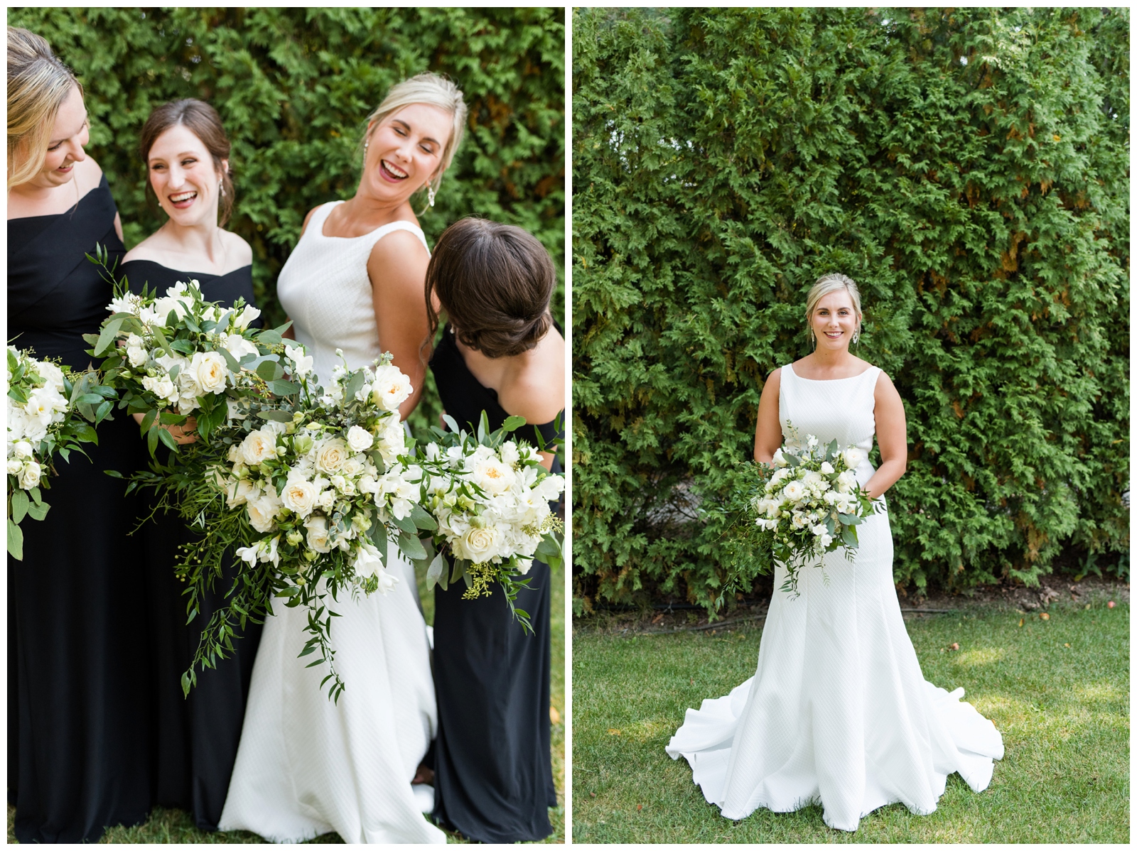 bride laughs with bridesmaids while holding all-white bouquets with white roses and bridal portrait at Gervasi Vineyard