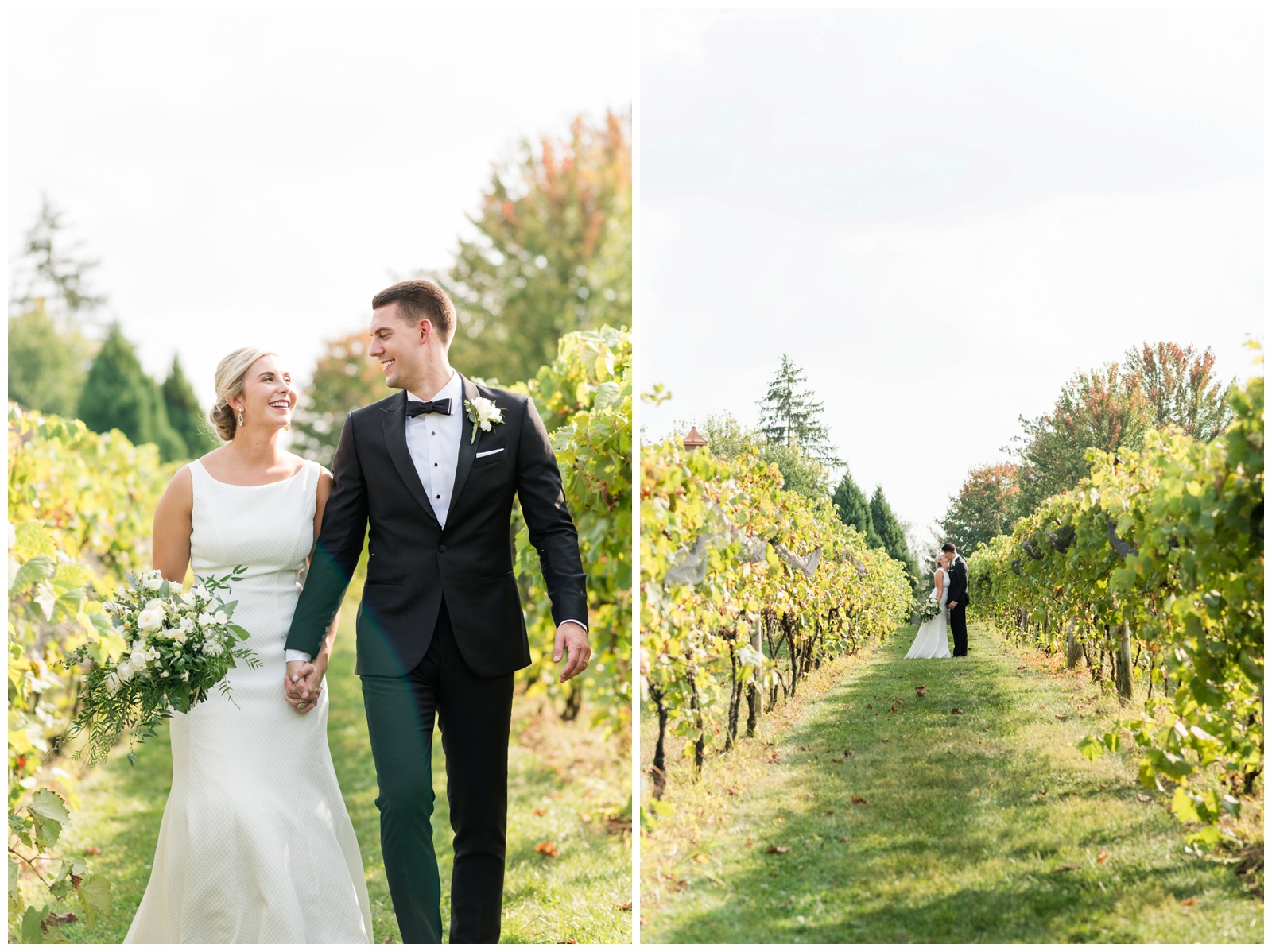 bride and groom hold hands walking through vineyard in Canton OH for wedding portraits 
