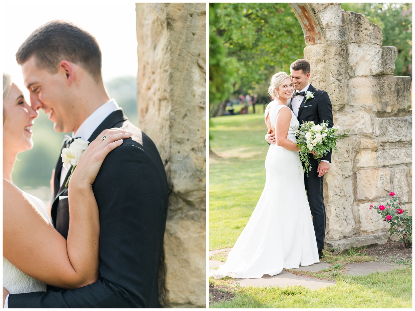 bride and groom hug against stone archway at Gervasi Vineyard while bride looks at Pipers Photography
