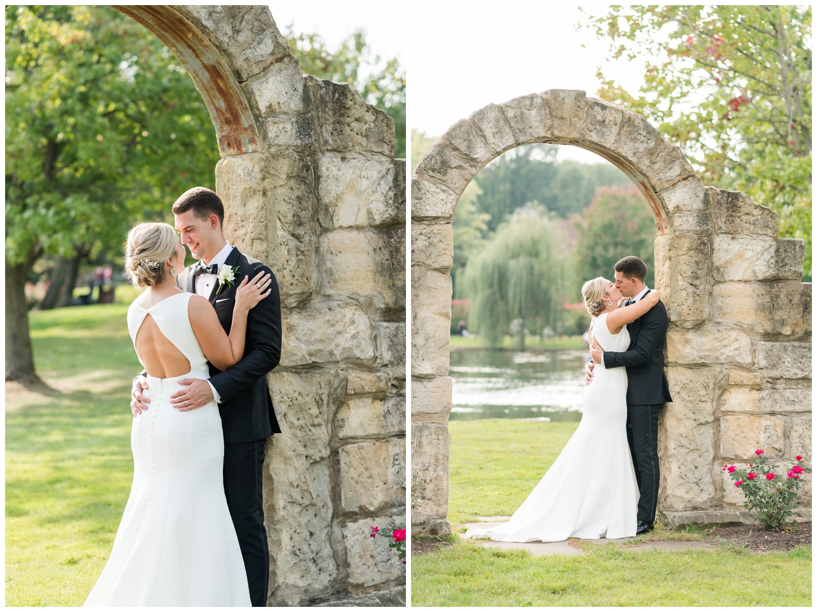 bride and groom kiss at Gervasi Vineyard's stone archway photographed by Pipers Photography