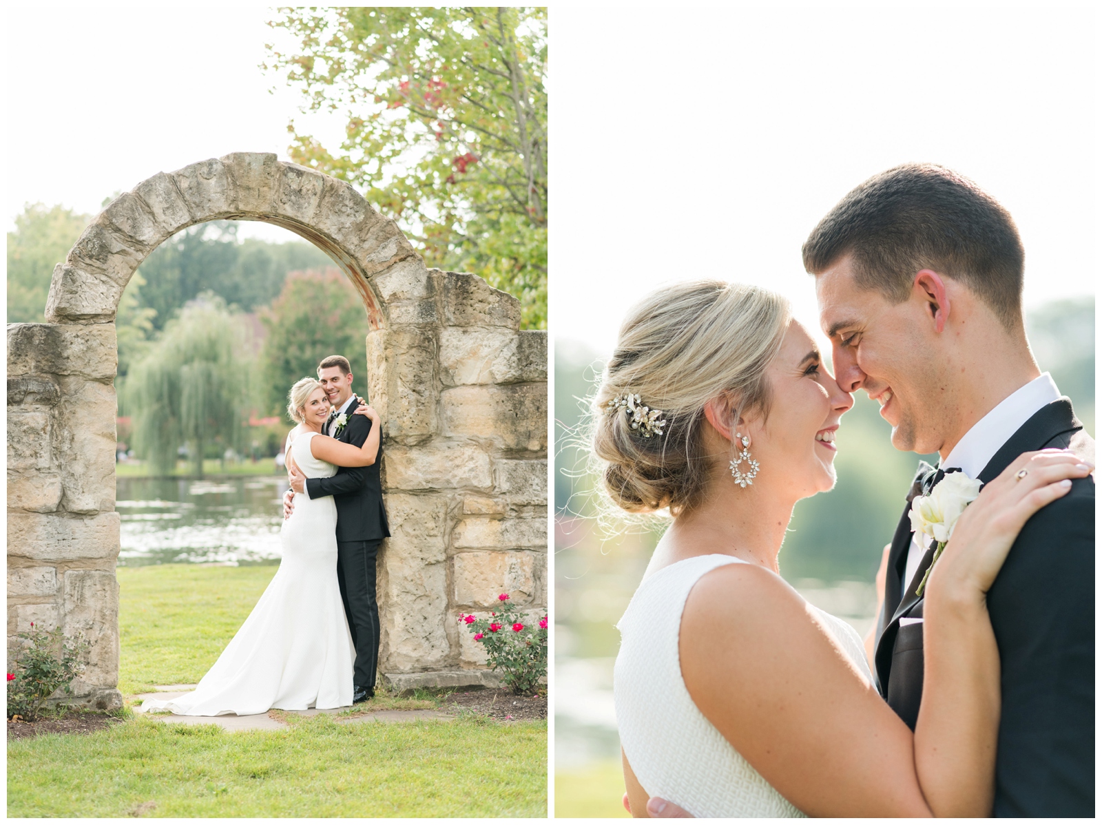 bride and groom embrace during portraits under stone arch at Gervasi Vineyard by Pipers Photography