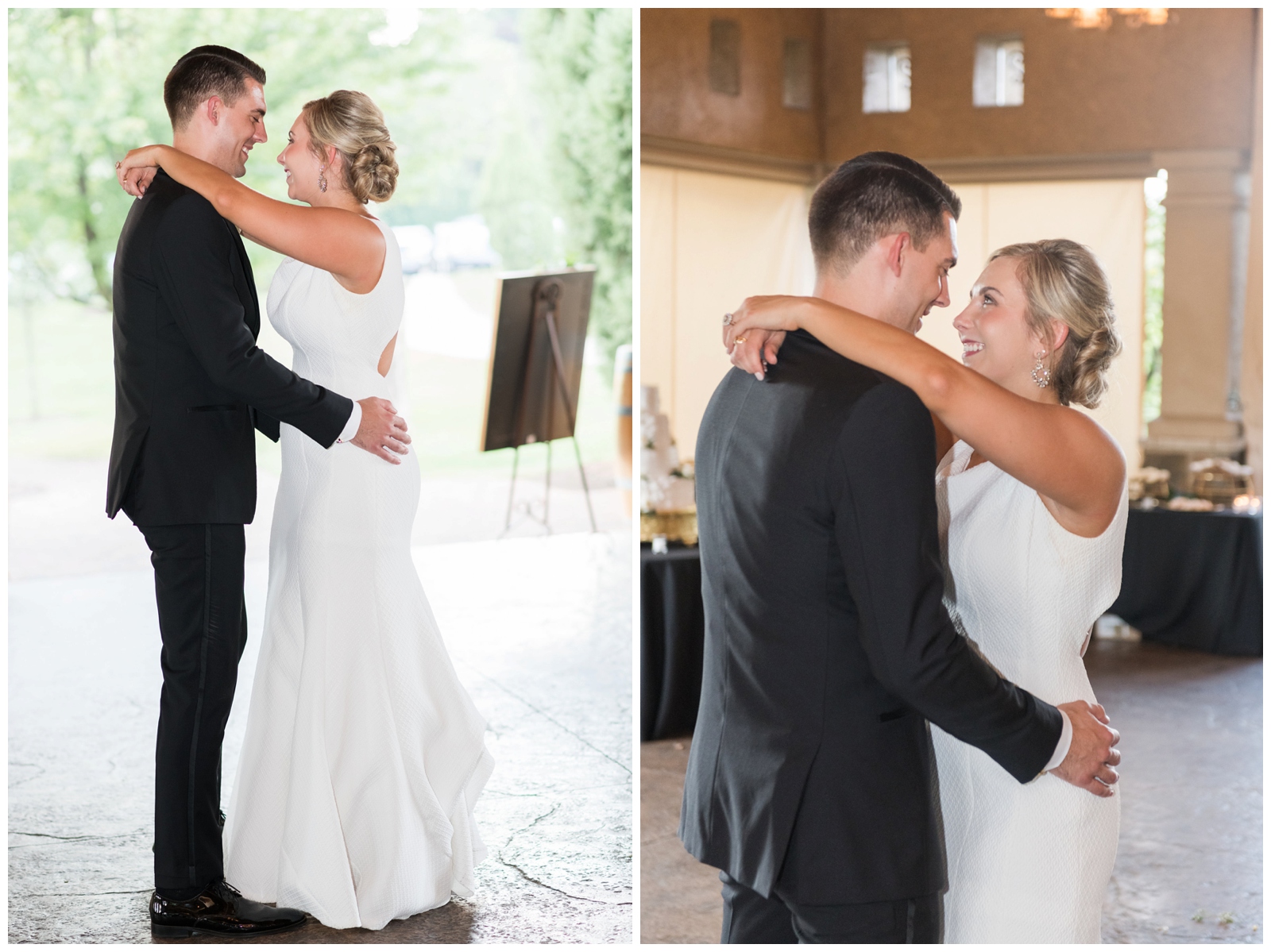 bride looks at groom in tux during first dance during OH wedding day