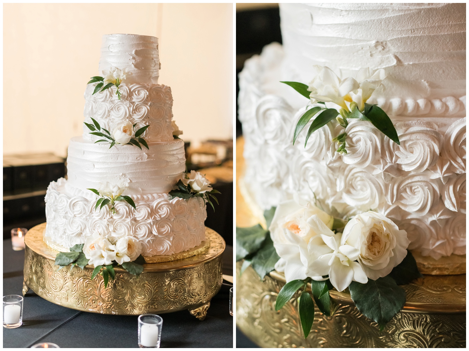four tiered wedding cake with white icing and white rose accents by Checkerboard Cheesecake