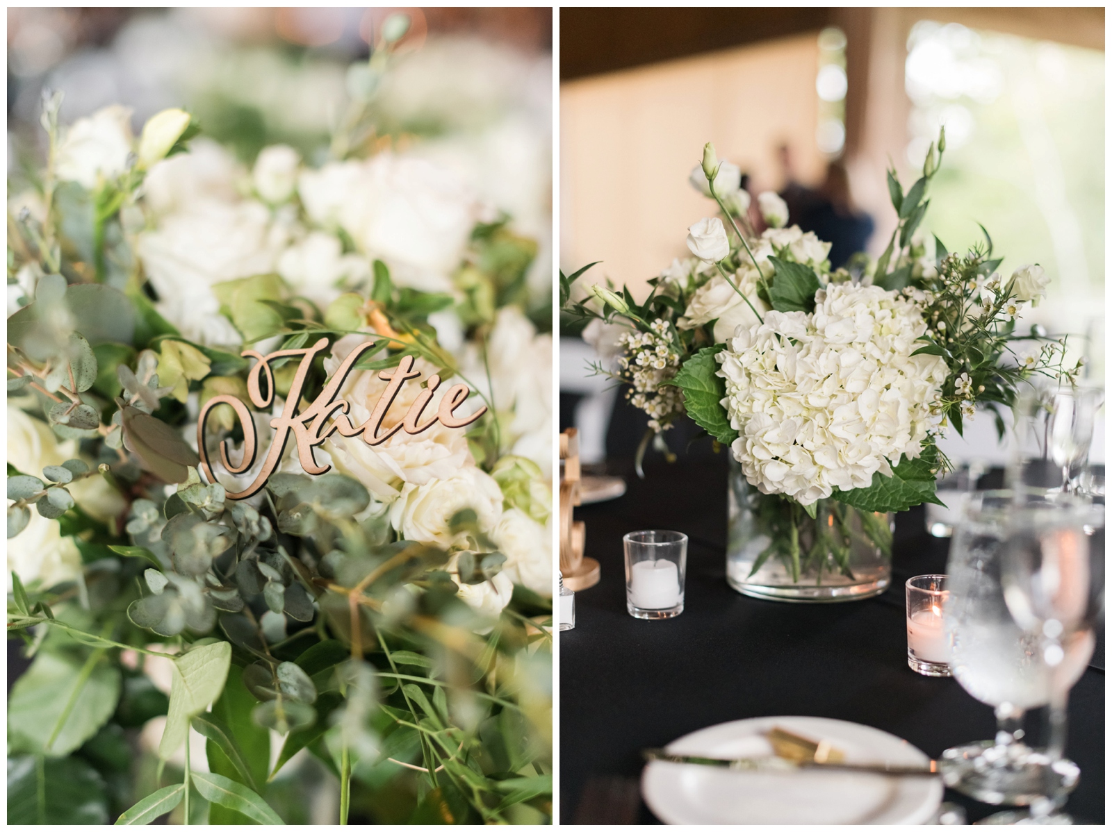 white and green wedding centerpieces with wooden place cards at Gervasi Vineyard