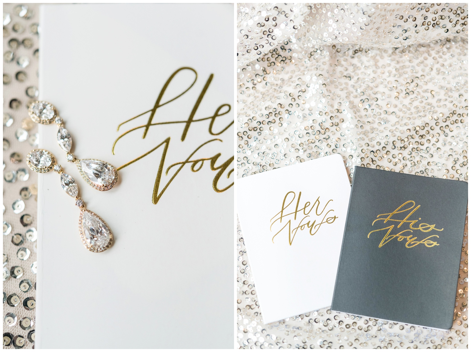 bride's hanging gold and diamond earrings on vow booklets