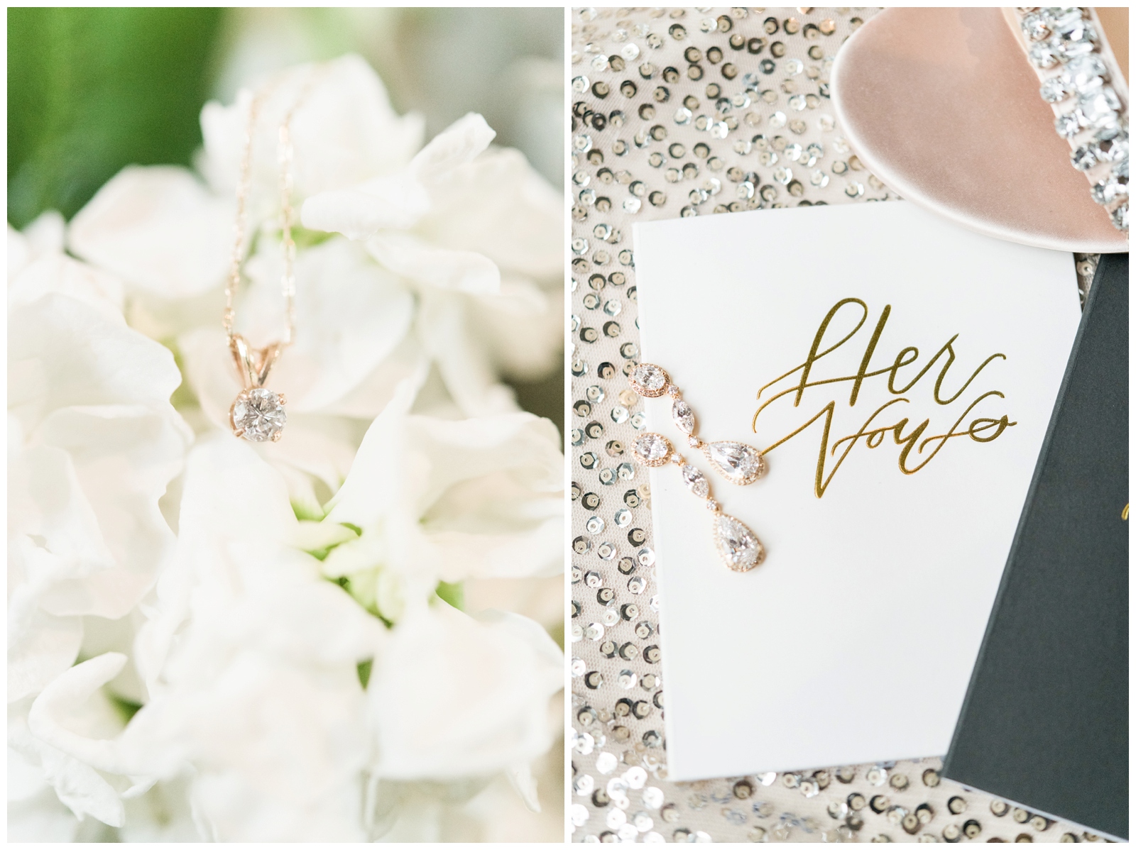 bride's gold drop necklace photographed on white flowers and hanging earrings on white and gold vow booklet