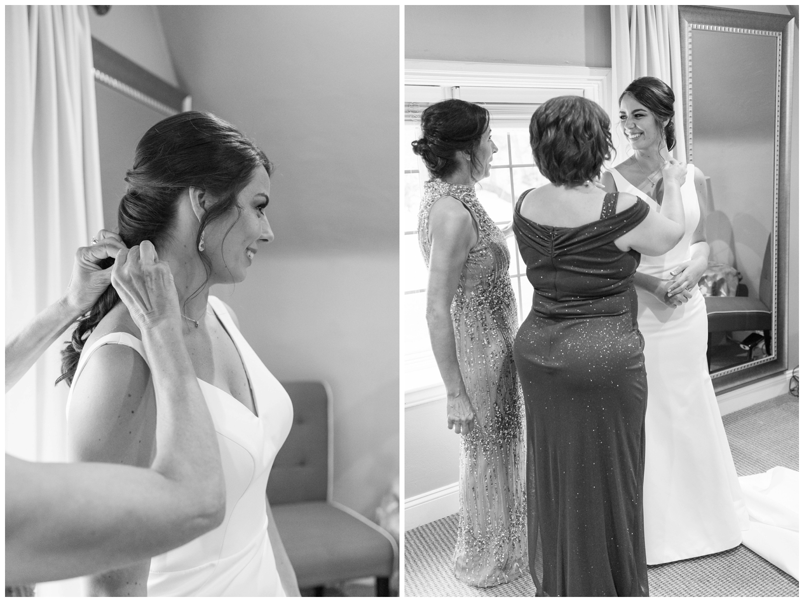 black and white portraits of the bride getting ready with family members by Pipers Photography