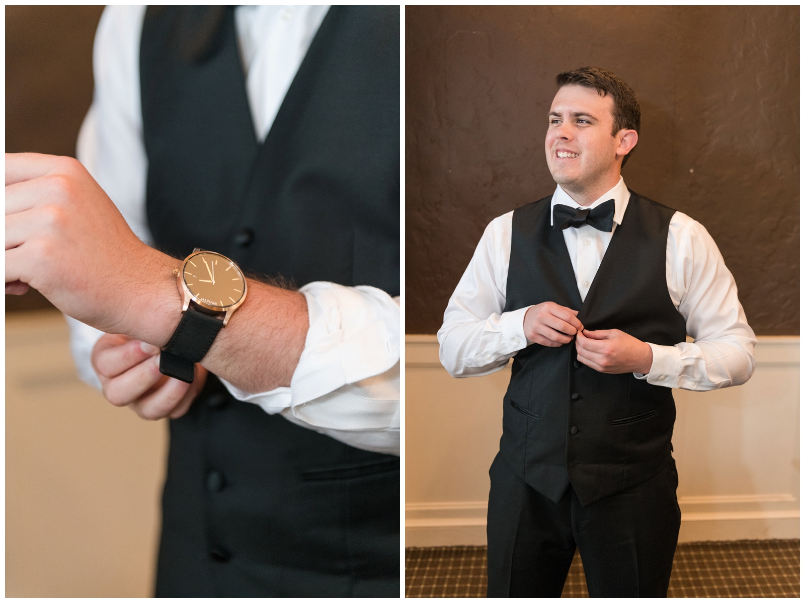 groom adjusts watch and vest while getting ready for Ohio wedding day at Brookside Golf and Country Club 