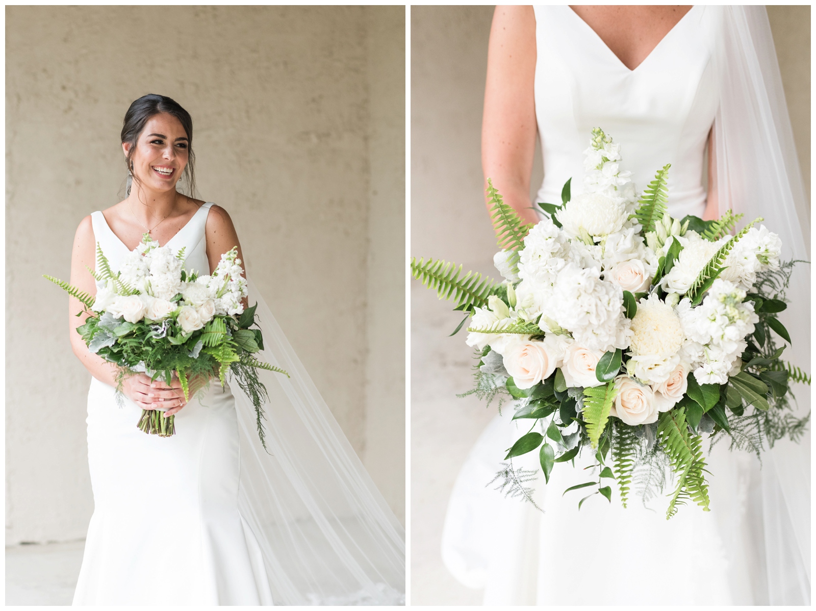 bridal portrait of bride with strapped dress and white bouquet with pale pink roses by The Flowerman