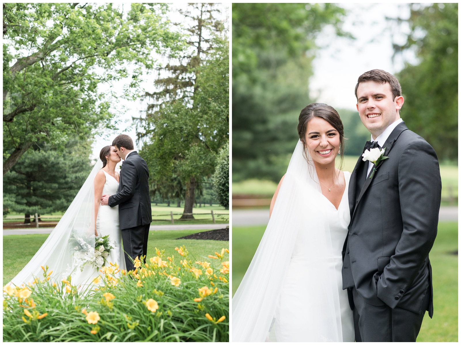 summer wedding portraits at Brookside Golf and Country Club in the garden with yellow flowers