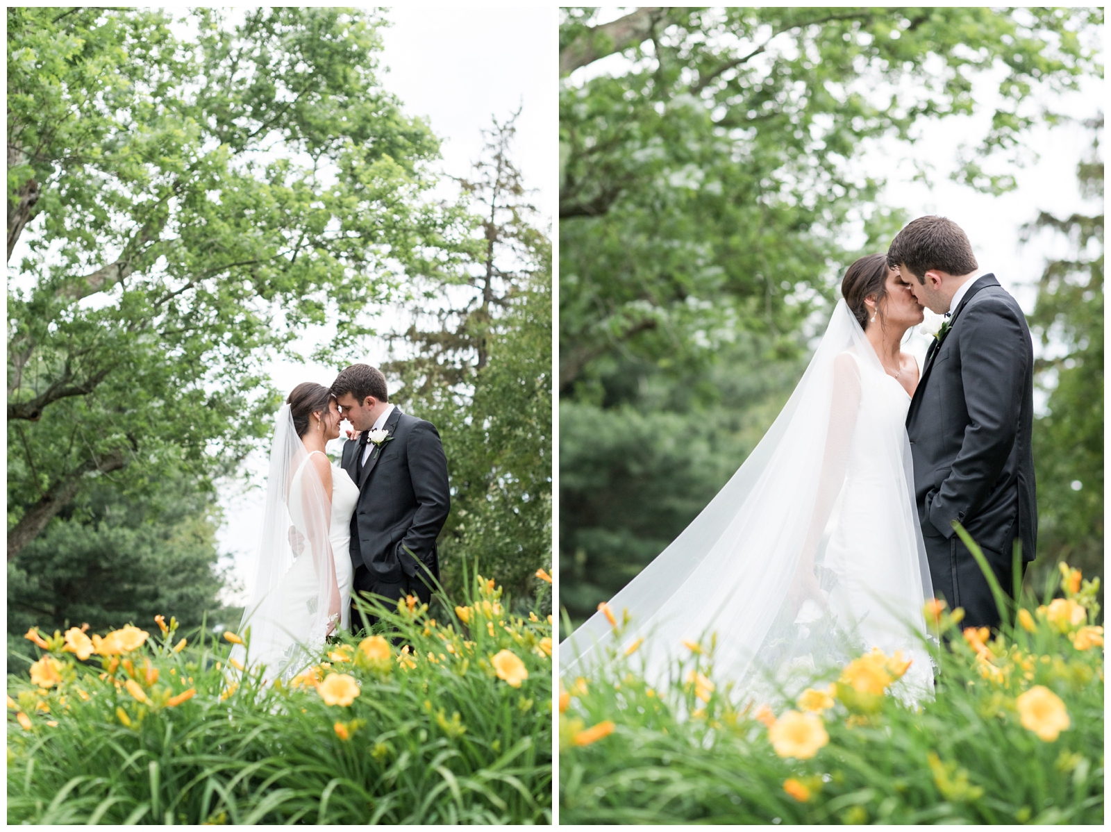 bride and groom kiss in the gardens at Brookside Golf and Country Club 