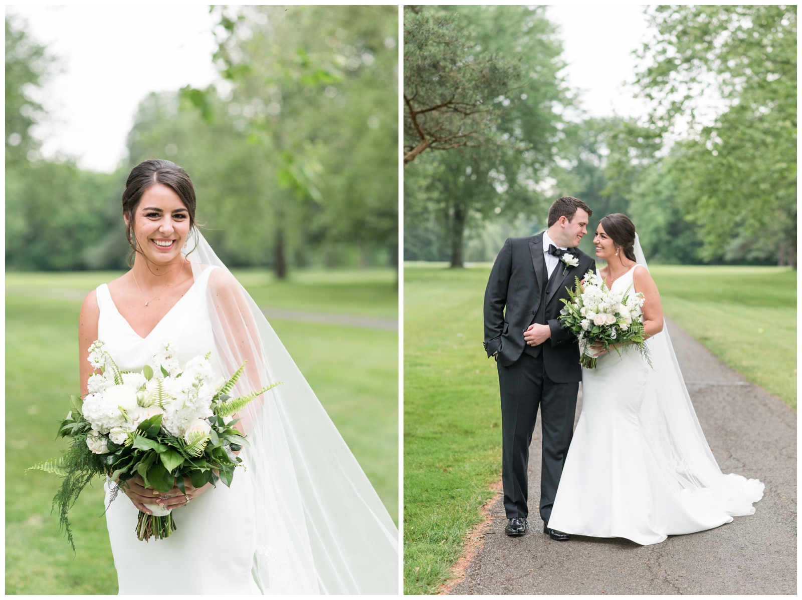 classic wedding portraits of bride in white gown with straps and groom in suit at Brookside Golf and Country Club 