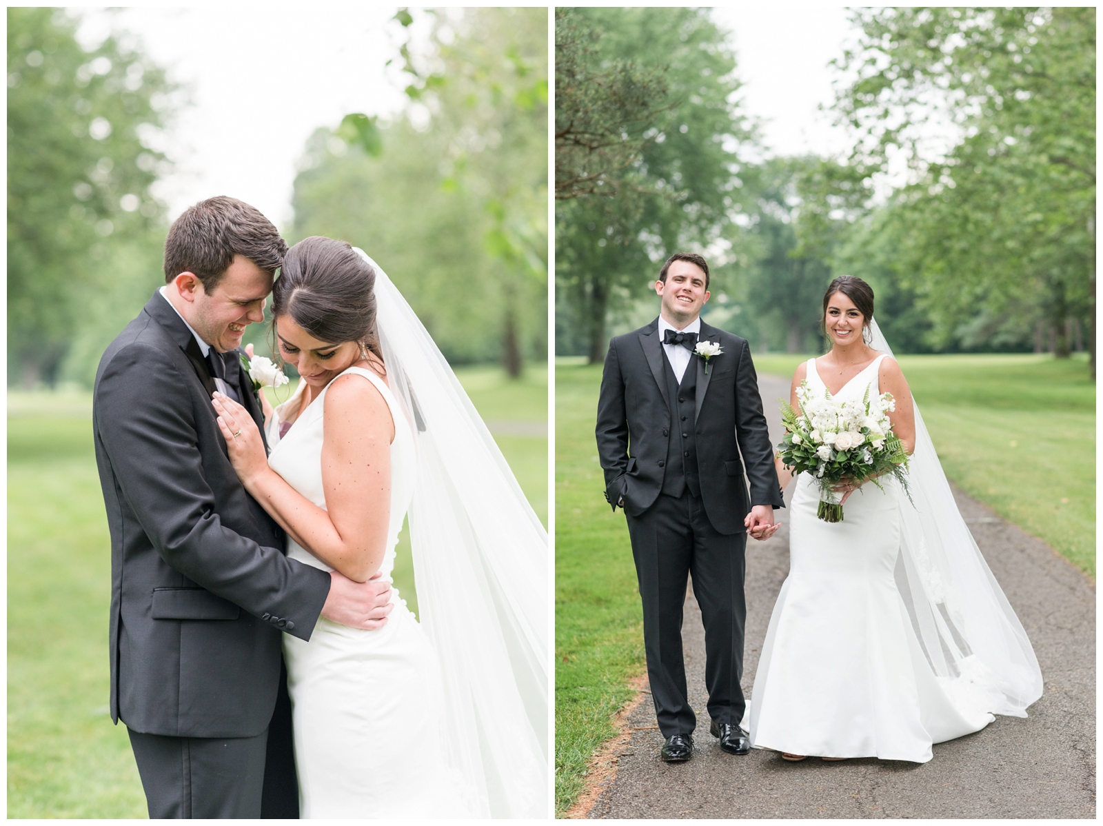 bride laughs down at shoulder and holds hand with groom during portraits in Ohio