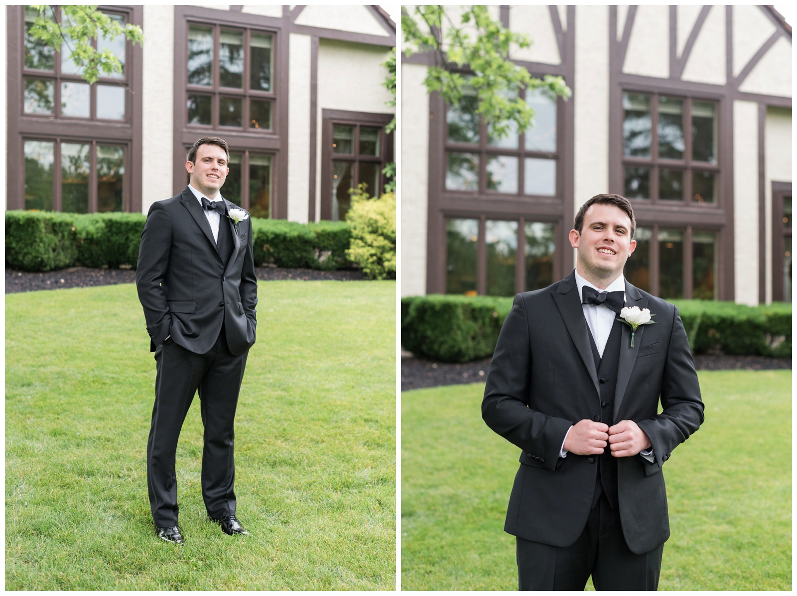 groom poses in black suit with white flower boutonnière photographed by Pipers Photography