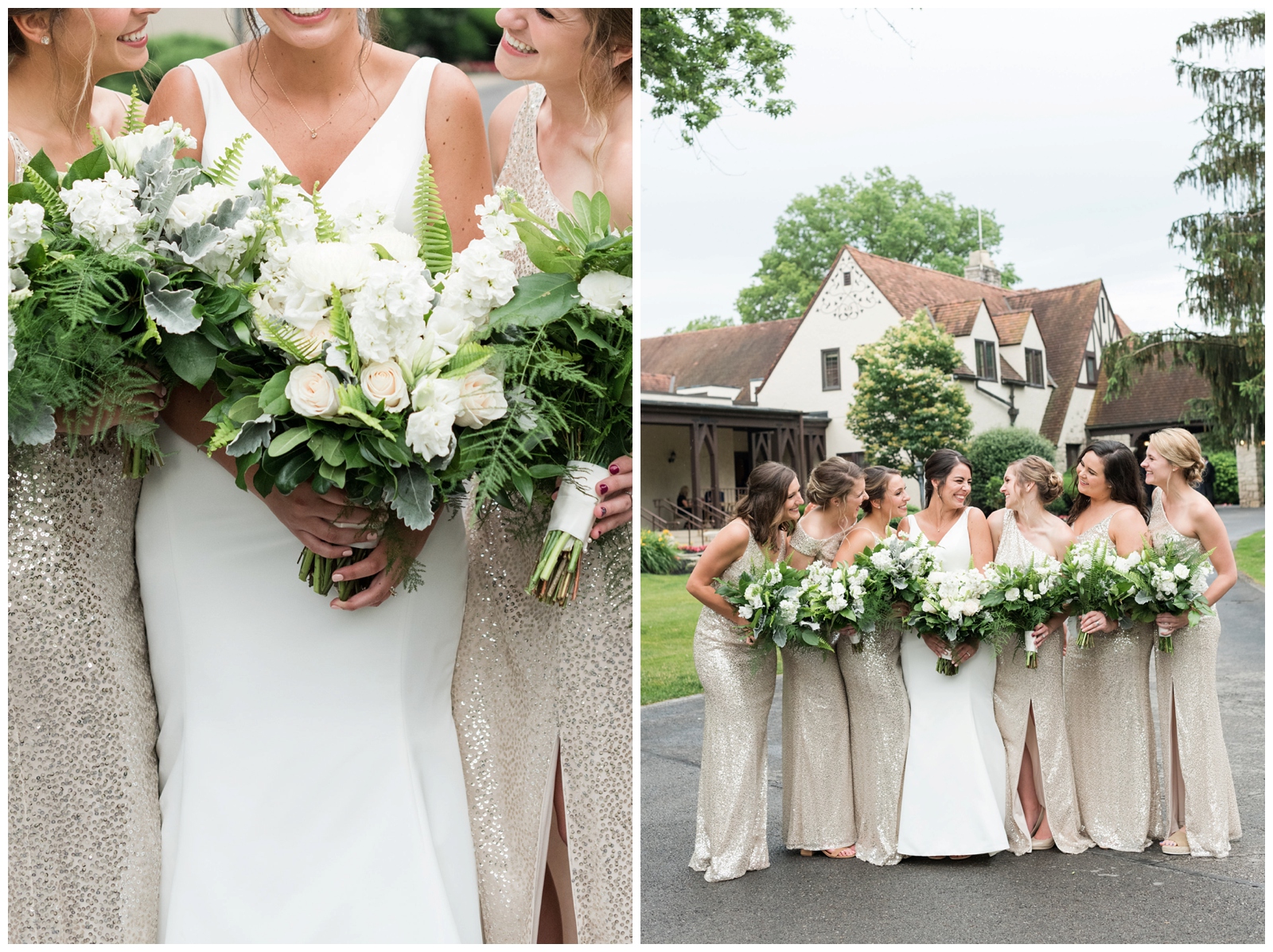 bridesmaids in gold sequined gowns hold white and green bouquets by The Flowerman outside Brookside Golf and Country Club 