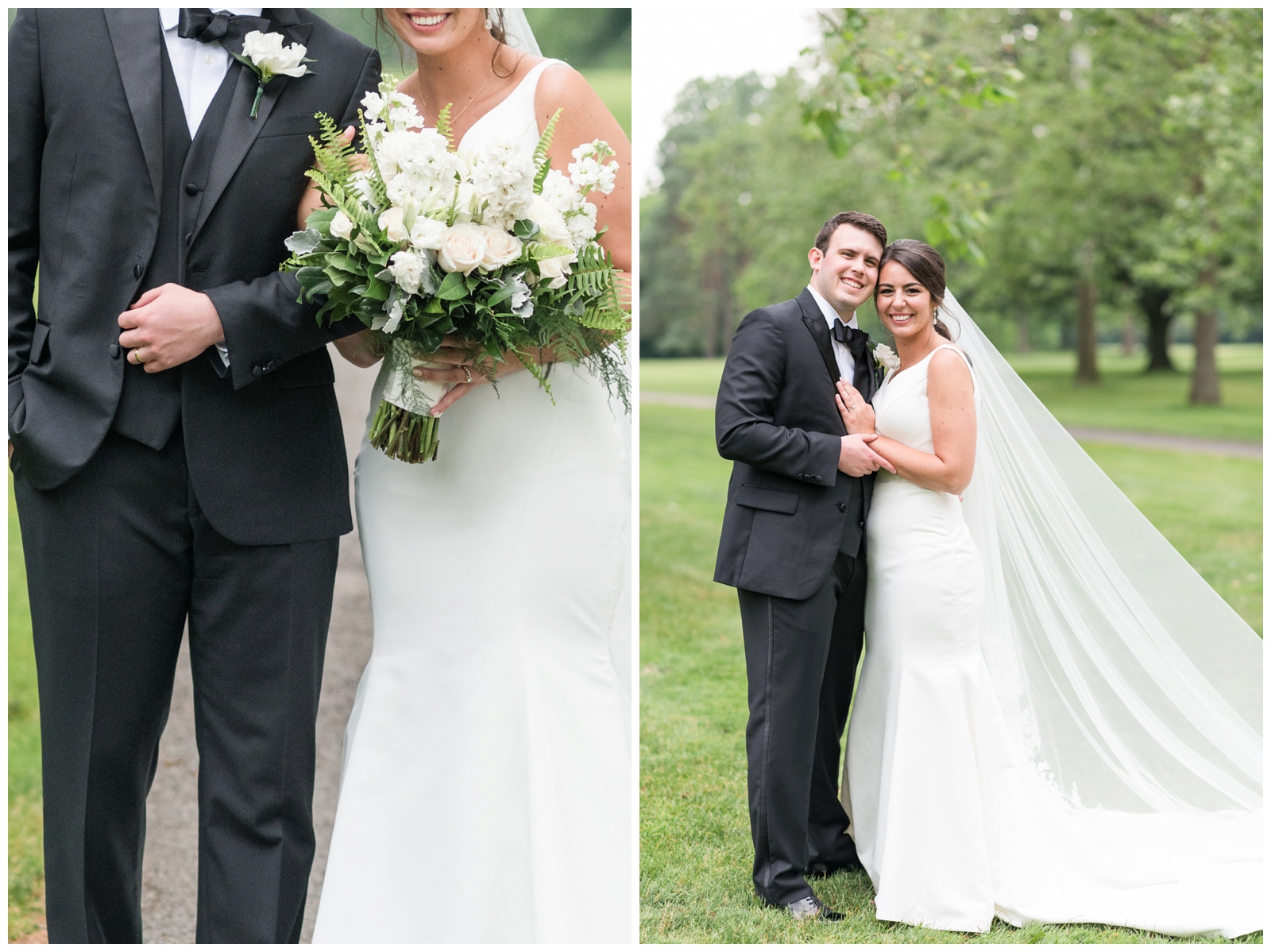 married couple poses in gardens at Brookside Golf and Country Club with white gown and black suit