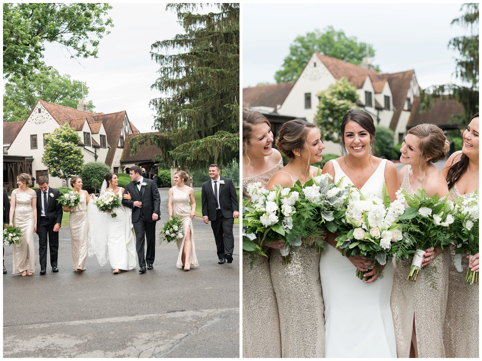 bride and groom walk with bridal party in Columbus OH while bridesmaids hold white bouquets with big green leaves