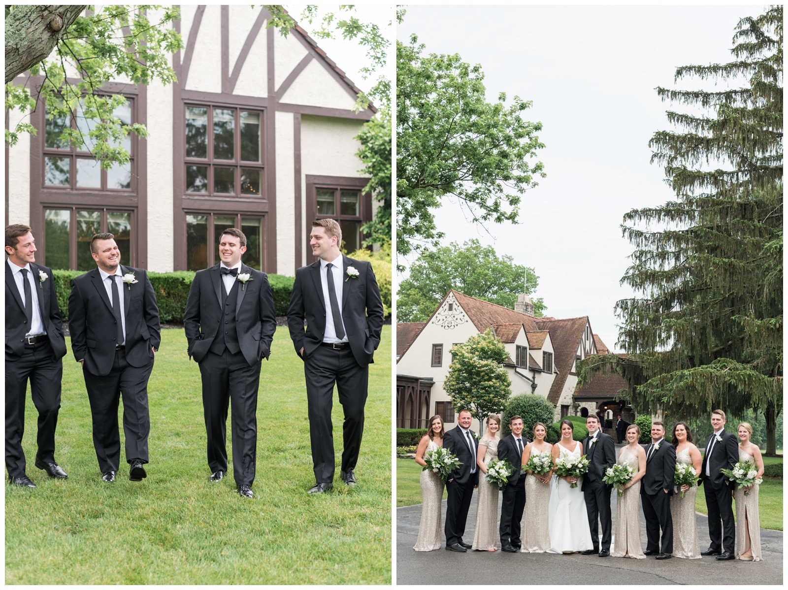 groomsmen walk on grounds of Brookside Golf and Country Club while bridal party with bridesmaids in gold sequined gowns pose for Pipers Photography