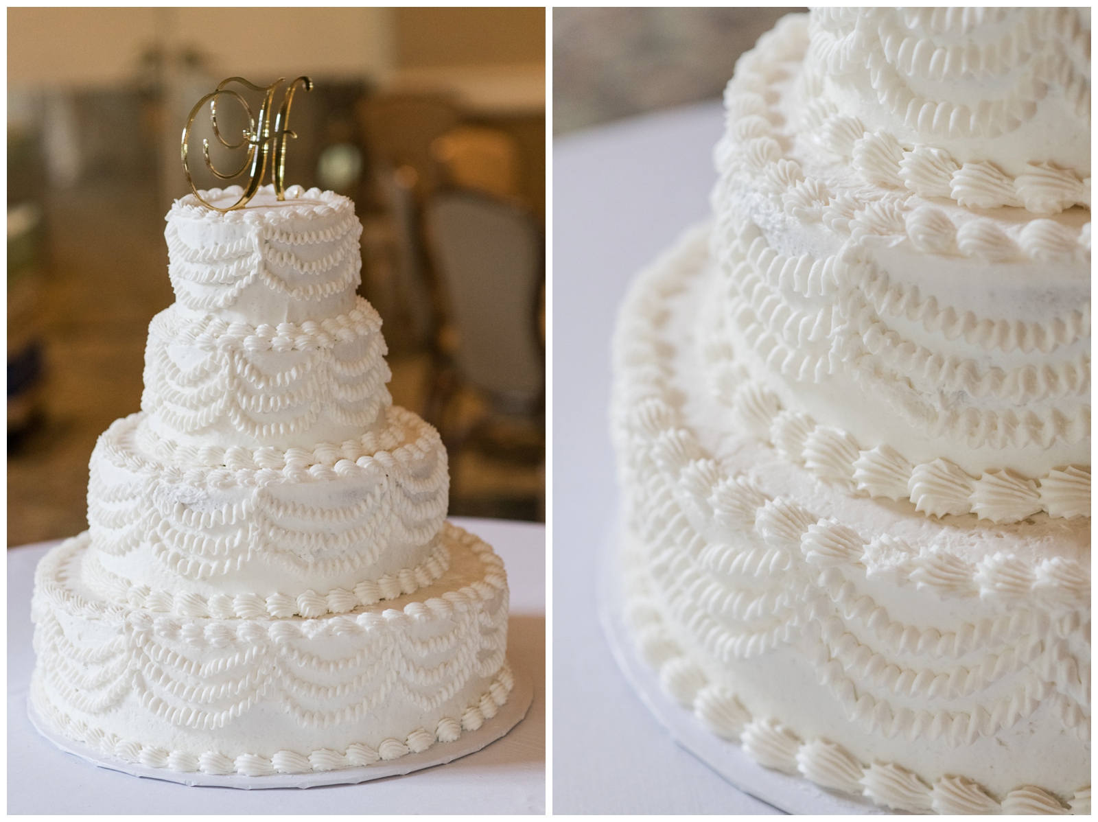 four tiered wedding cake with scalloped detailing and gold wedding topper