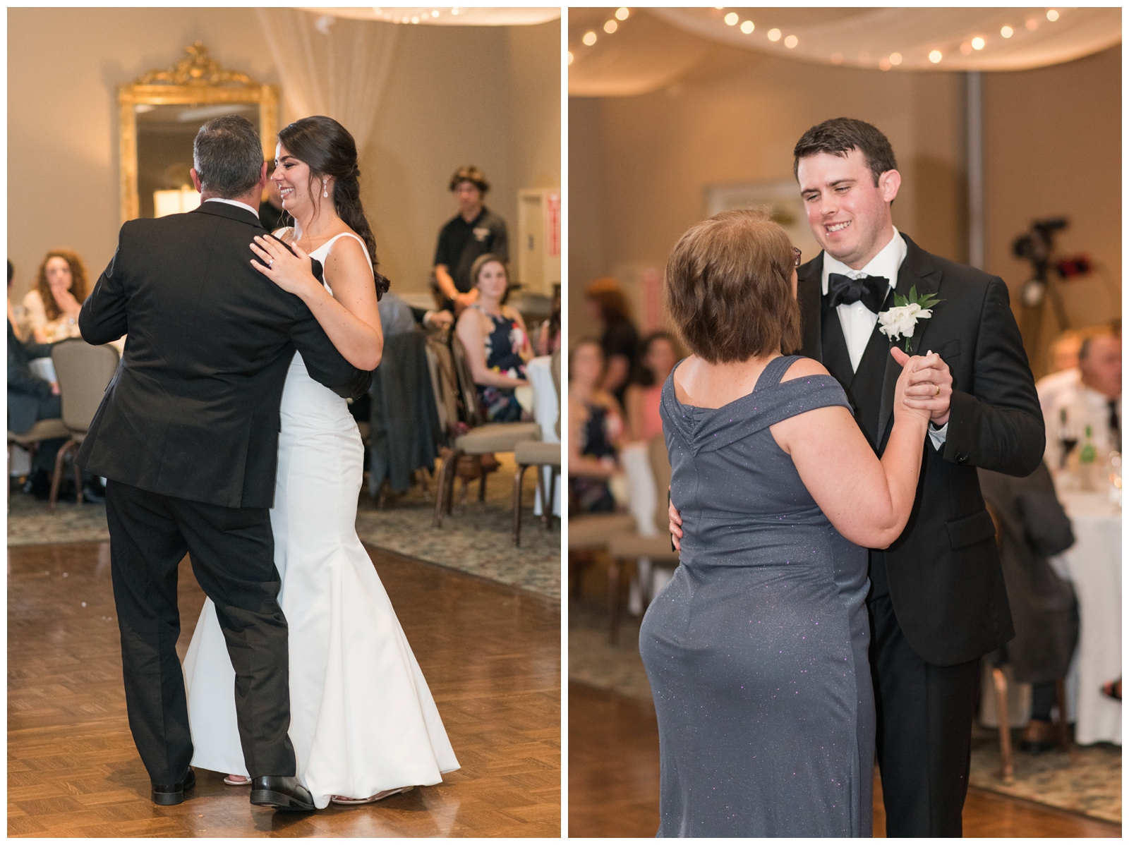 bride dances with dad and groom dances with mother during wedding reception in ohio