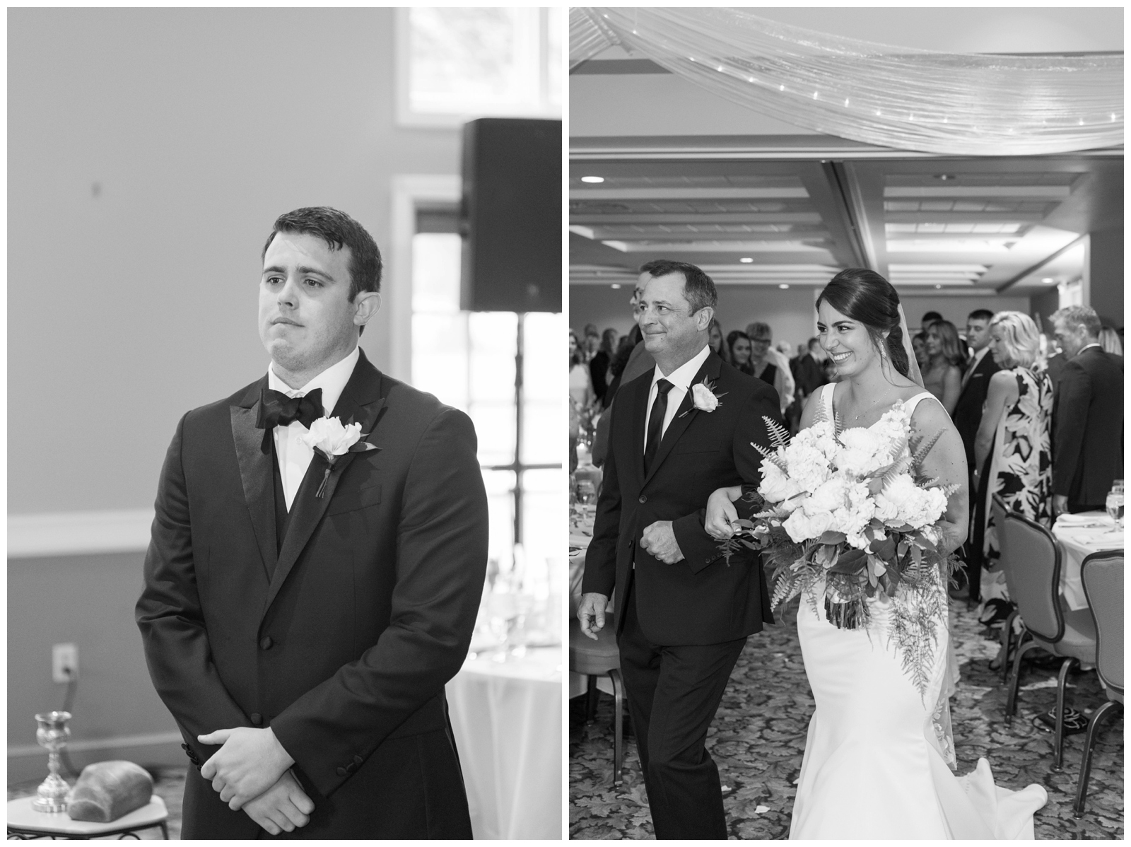 groom cries seeing bride walk down the aisle at Brookside Golf and Country Club with her father