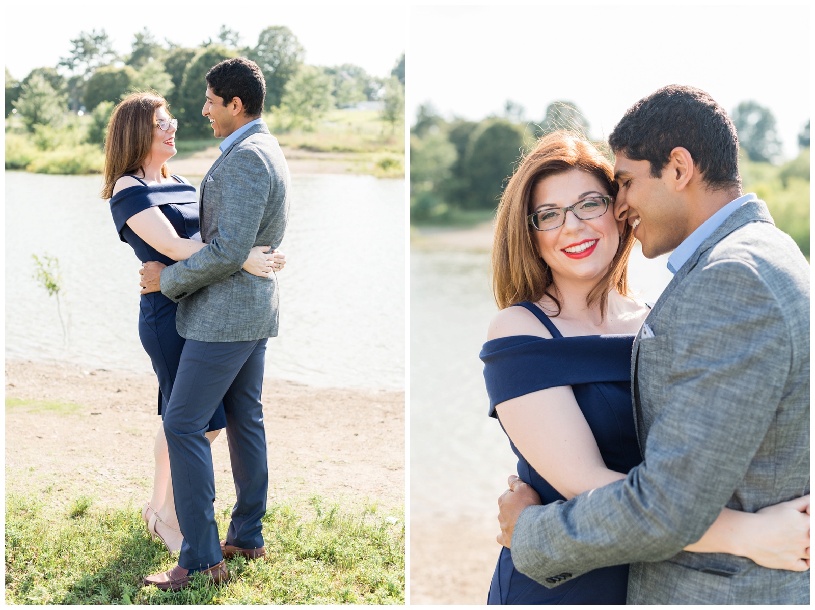 summer engagement portraits by the water at Hoover Reservoir with bride and groom in navy blue