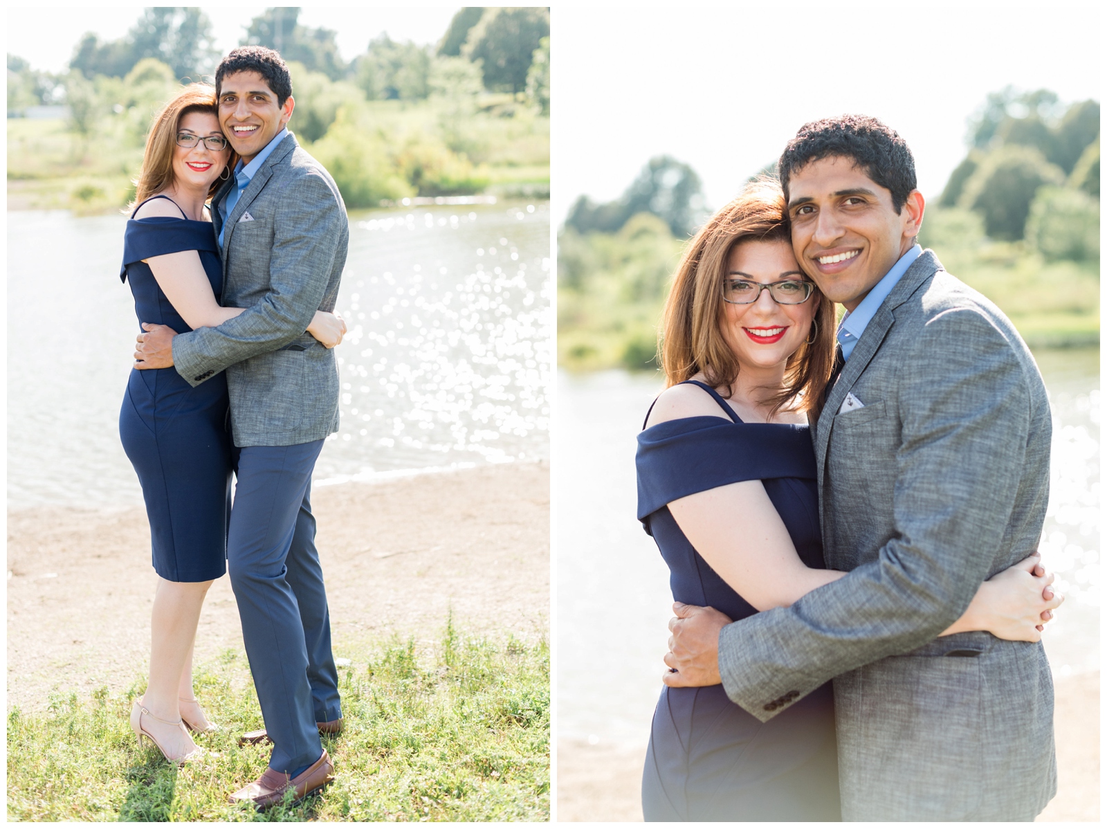 couple embraces in navy dress and grey suit by water at Hoover Reservoir