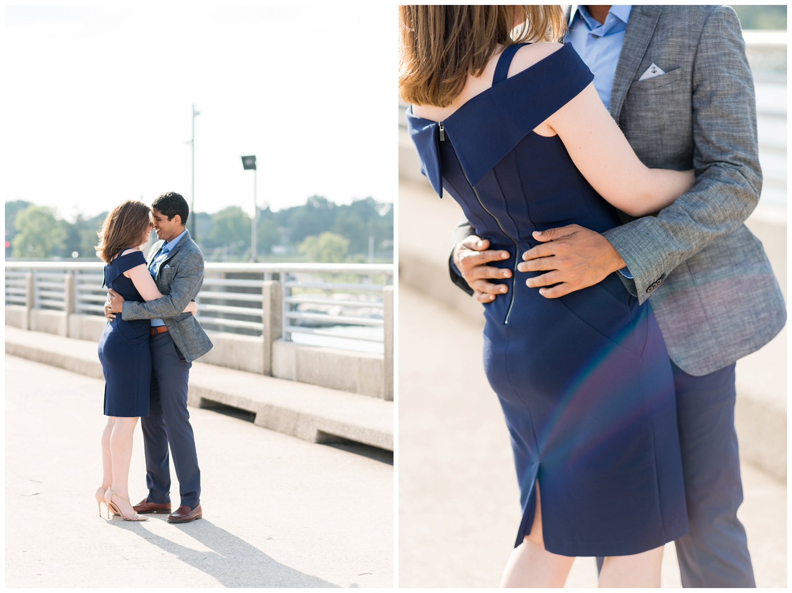engaged couple embraces and dances on the bridge by Hoover Reservoir