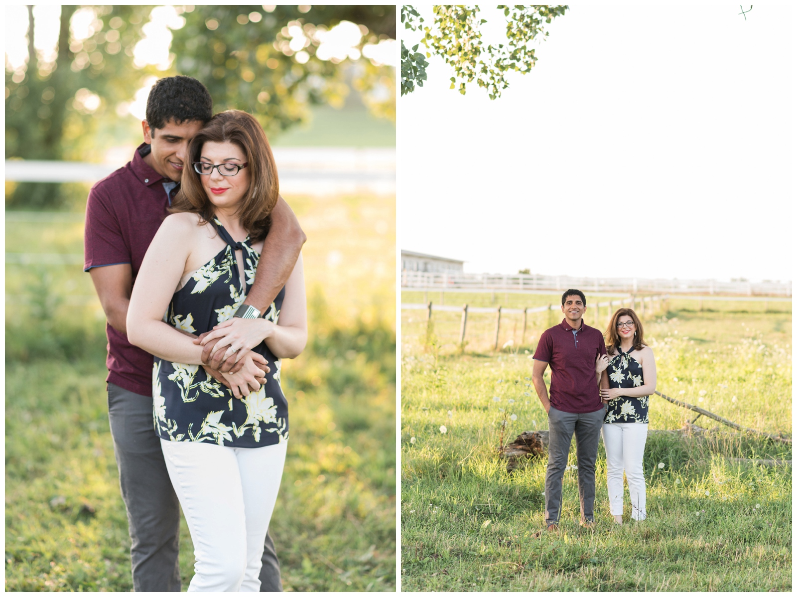 bride in floral top and groom in maroon polo embrace during engagement session by Pipers Photography