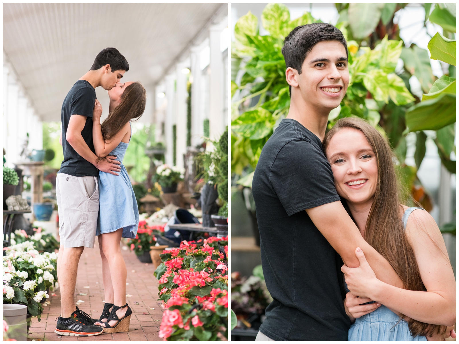 bride and groom hug during New Albany OH engagement session at greenhouse
