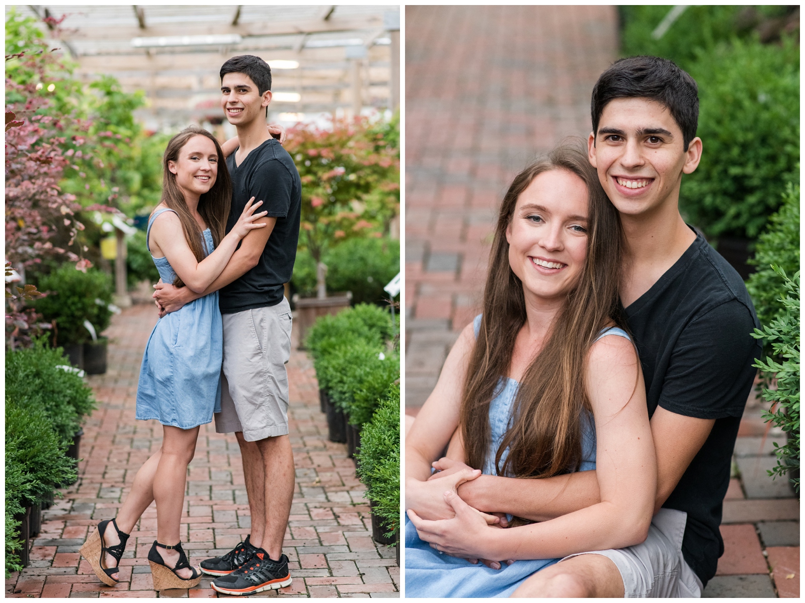young couple in casual attire poses during greenhouse engagement portraits with Pipers Photography