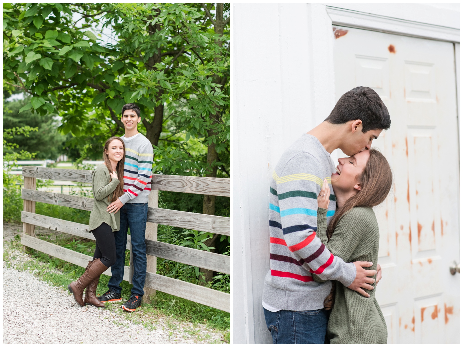 bride and groom in cozy colorful sweaters cuddle together by fence in Ohio
