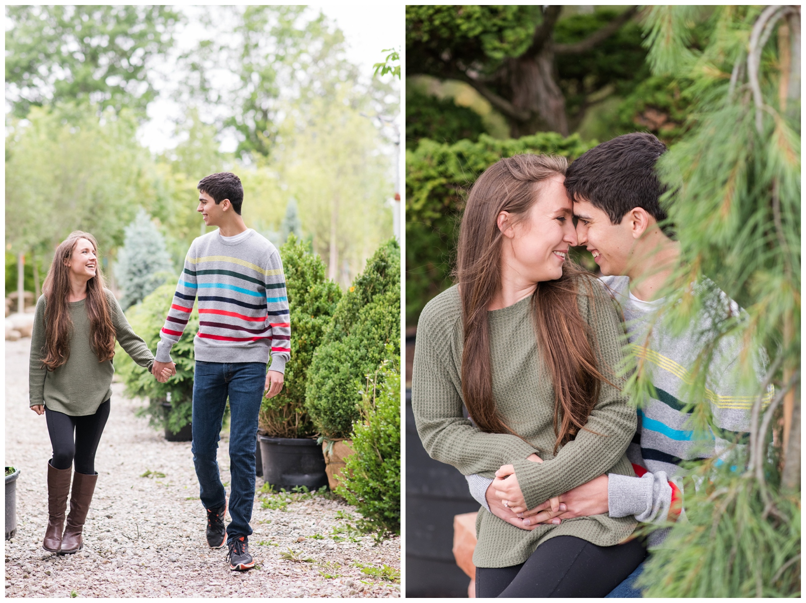 bride and groom walk through trees at greenhouse inspired engagement portraits