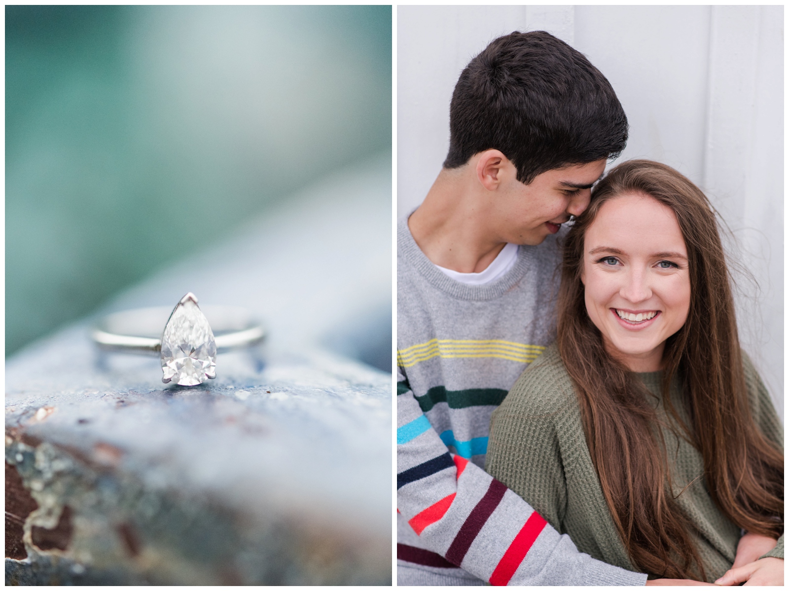 diamond ring sits on ledge while bride and groom cuddle during New Albany Ohio engagement session