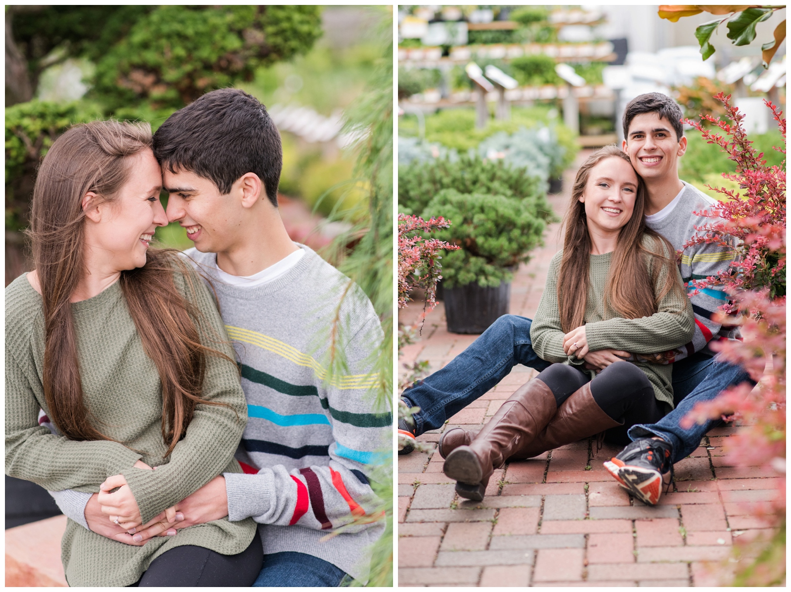 newly engaged couple laughs during greenhouse inspired engagement session by red and green flowers