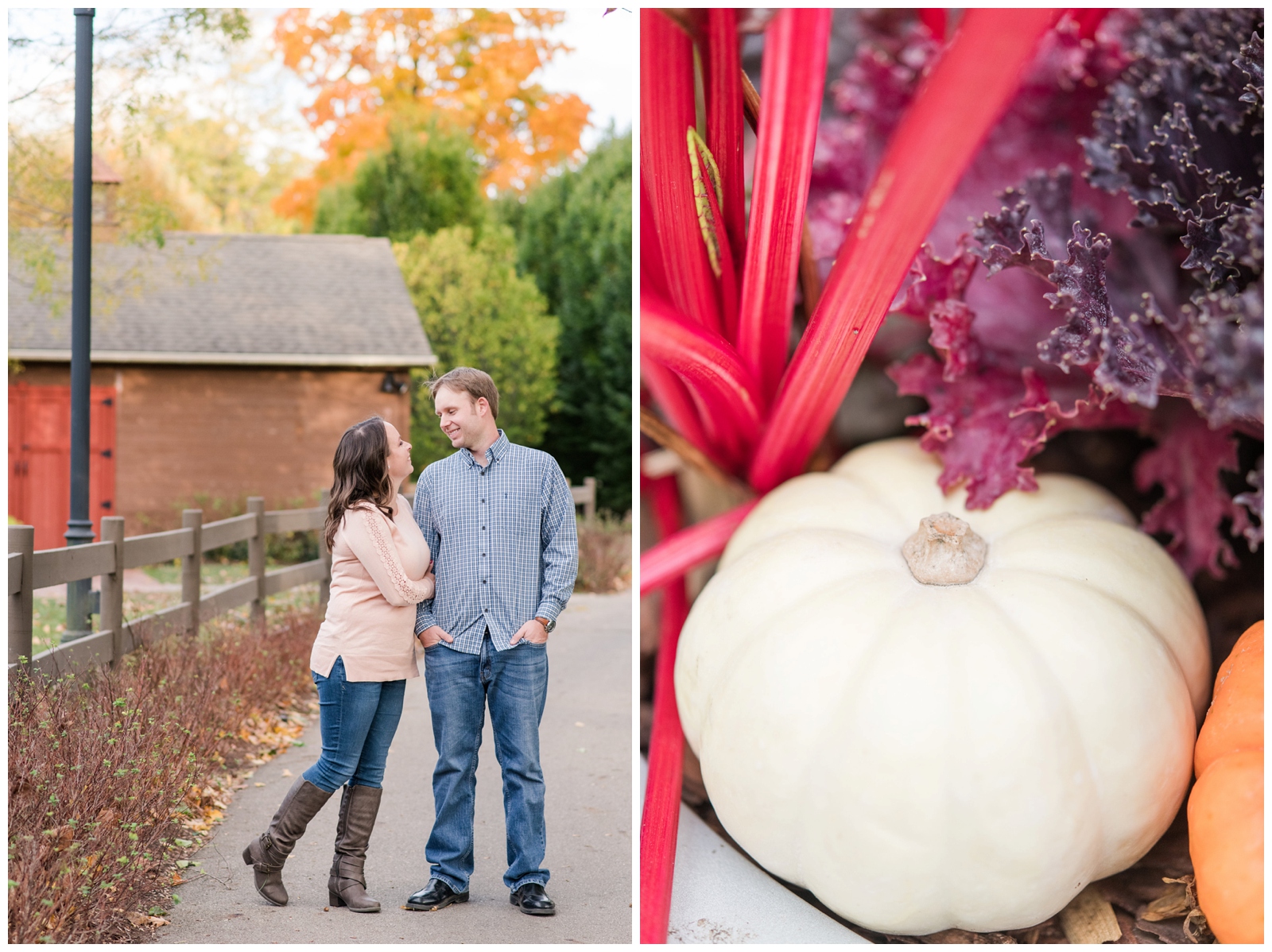 engaged couple look at each other while standing on walk way in Franklin Park Conservatory next to white pumpkin