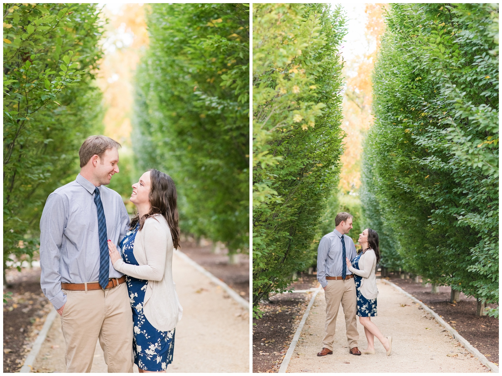 bride and groom to-be in blue dress and blue shirt with blue tie smile at each other at Franklin Park Conservatory
