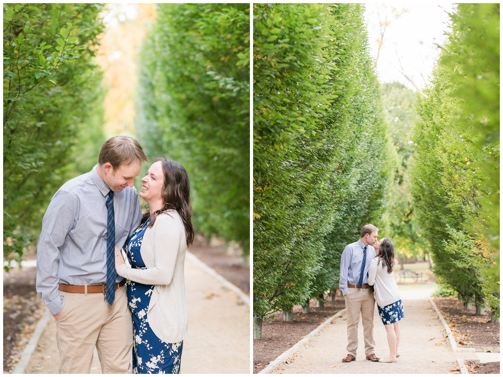 engaged couple in Ohio laughs and kisses during engagement portraits at Franklin Park Conservatory