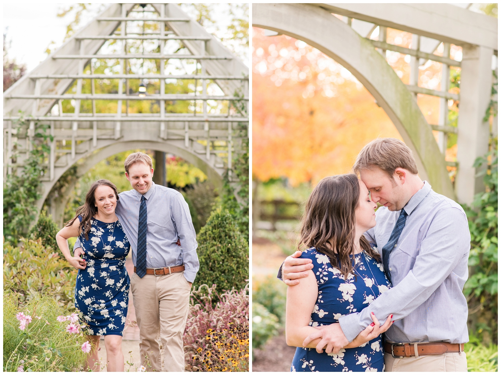 engaged couple smile at photographer during engagement portraits at Franklin Park Conservatory