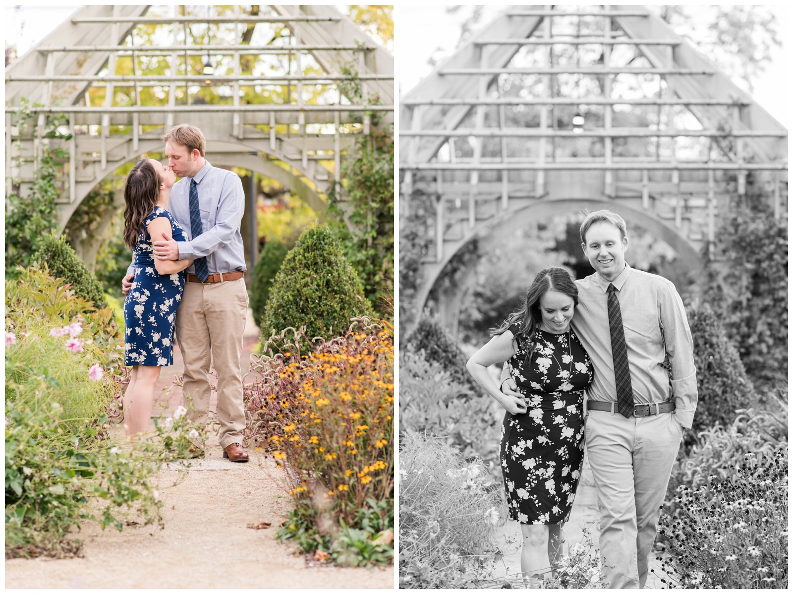 engaged couple in Ohio kiss and walk through Franklin Park Conservatory during engagement session