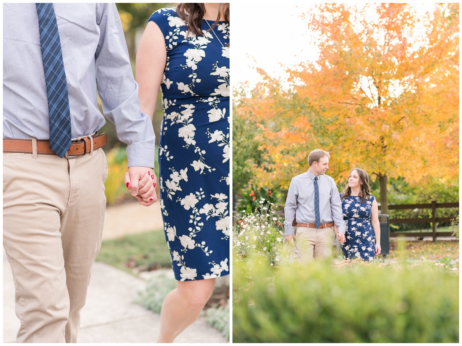 engaged couple holds hands while walking along path during fall engagement session at Franklin Park Conservatory