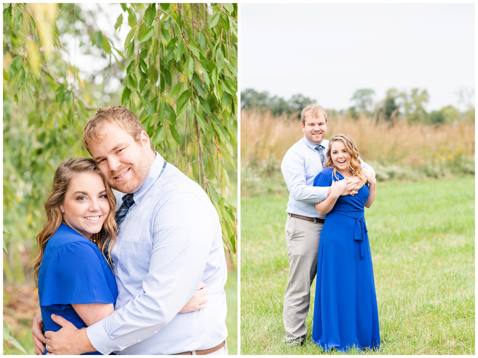 engaged couple hugs and smiles at Ohio wedding photographer during summer engagement session Dawes Arboretum