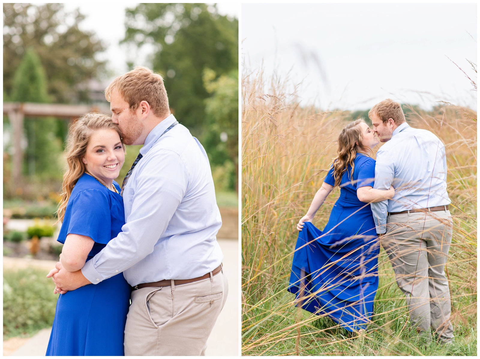 bride in bright blue gown kisses groom in blue shirt and khakis in field at Dawes Arboretum during engagement portraits