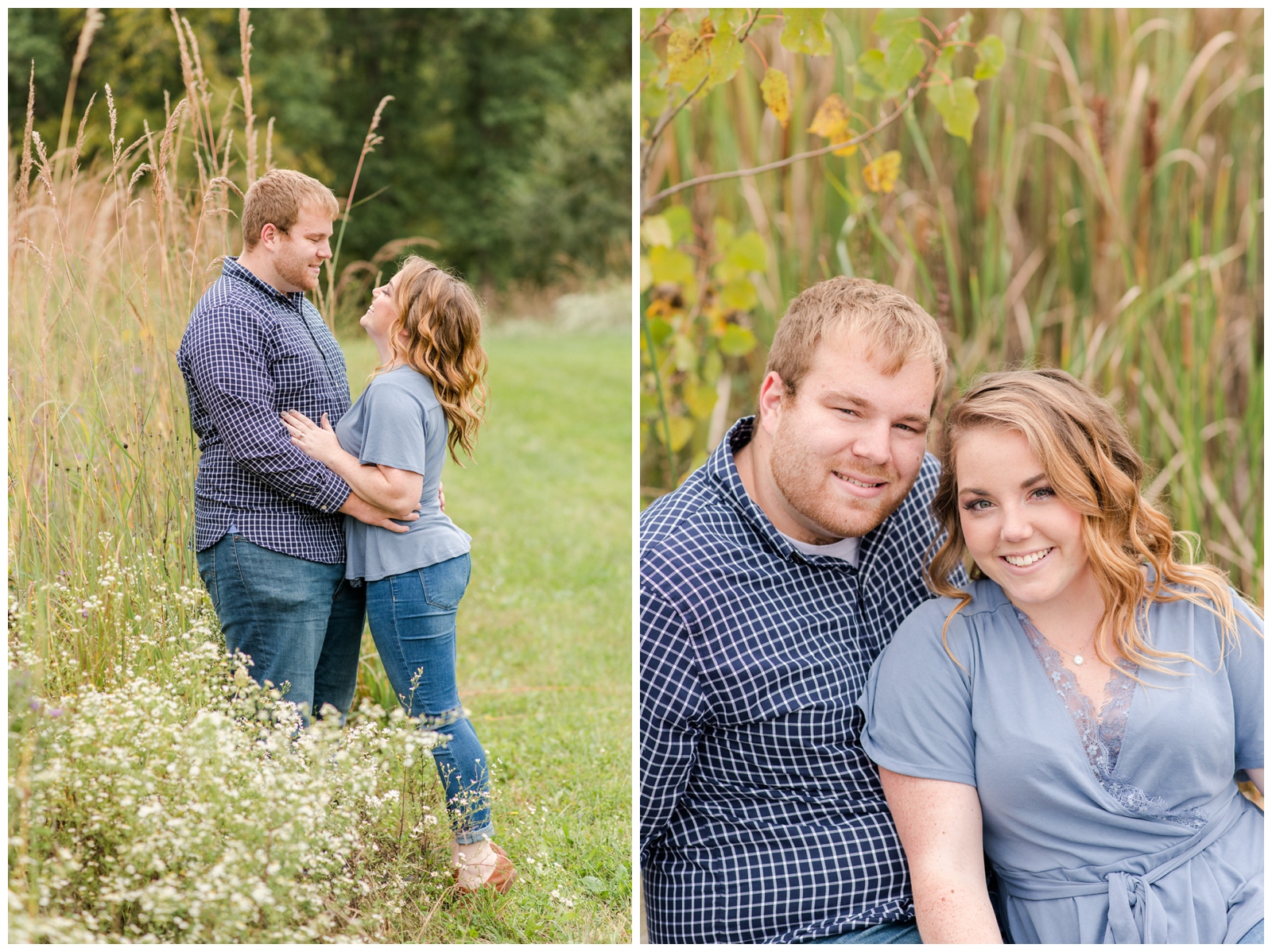 groom-to-be holds bride-to-be next to tall grass at Dawes Arboretum