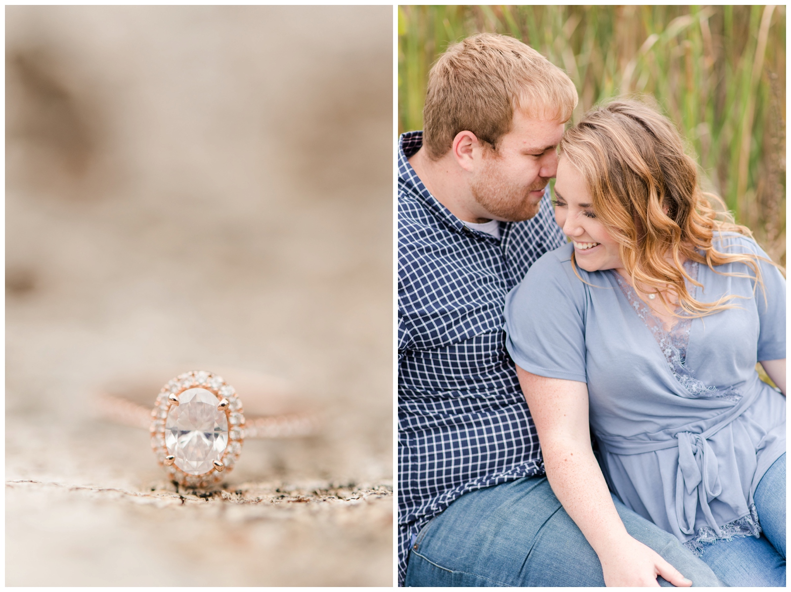 oval shaped diamond ring next to engaged couple at summer engagement session Dawes Arboretum